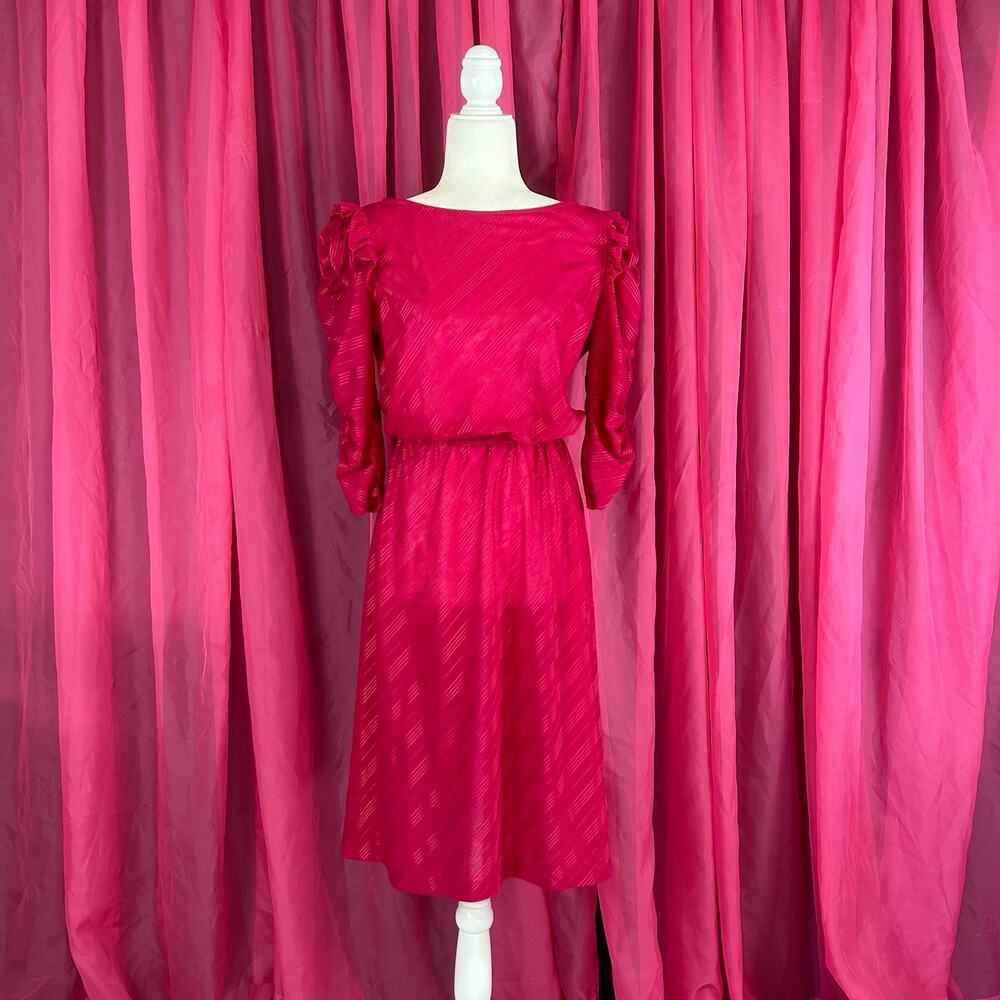 Vintage 70s New Raves hot pink secretary day‎ midi dress, small